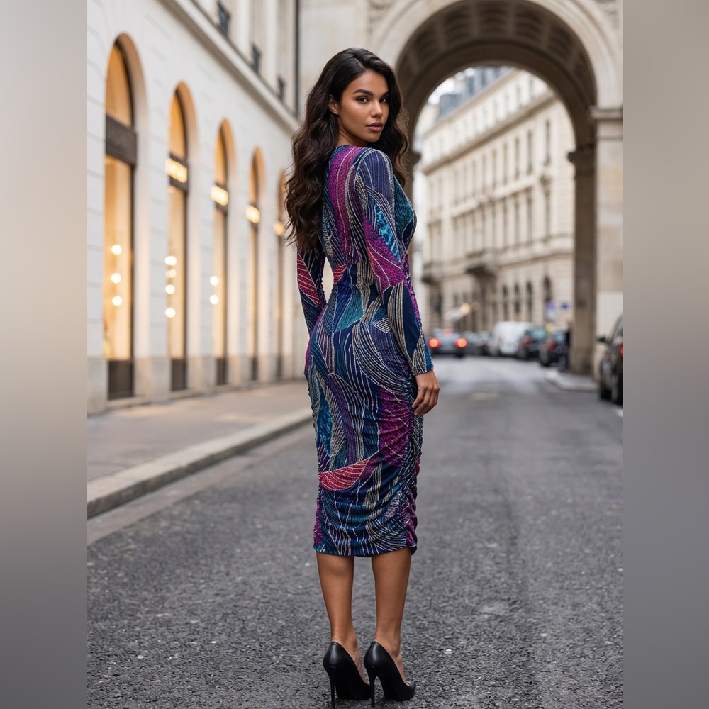 #114 Long Sleeve Bodycon Midi Dress in Multicolor Print